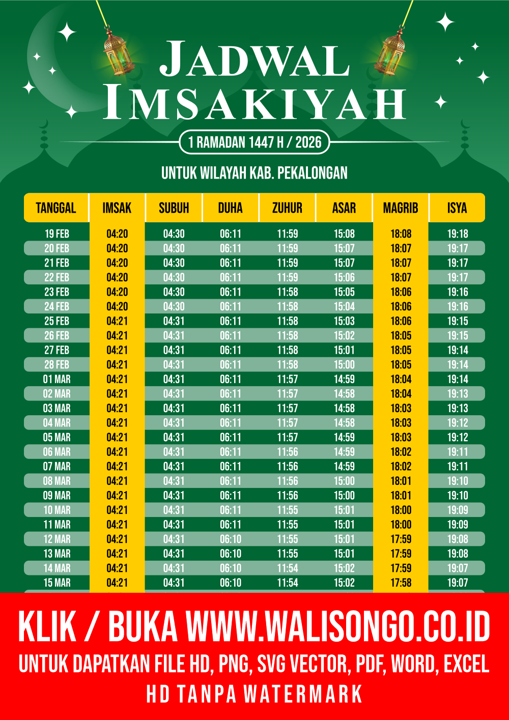 Desain Jadwal imsak Kab. Pekalongan 2026