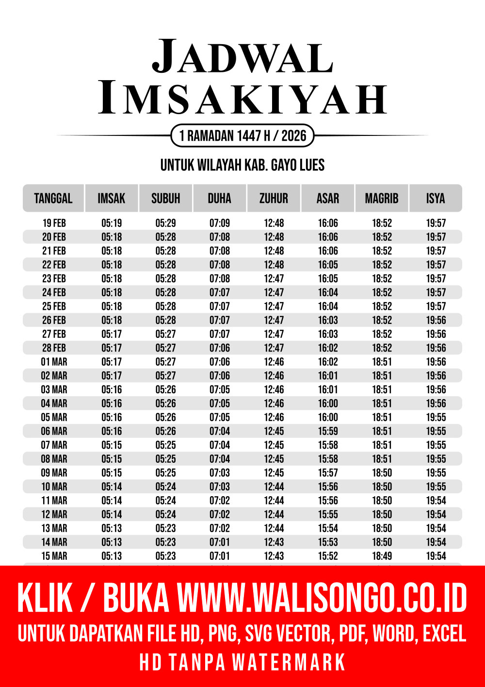 Desain Jadwal imsak Kab. Gayo Lues 2026