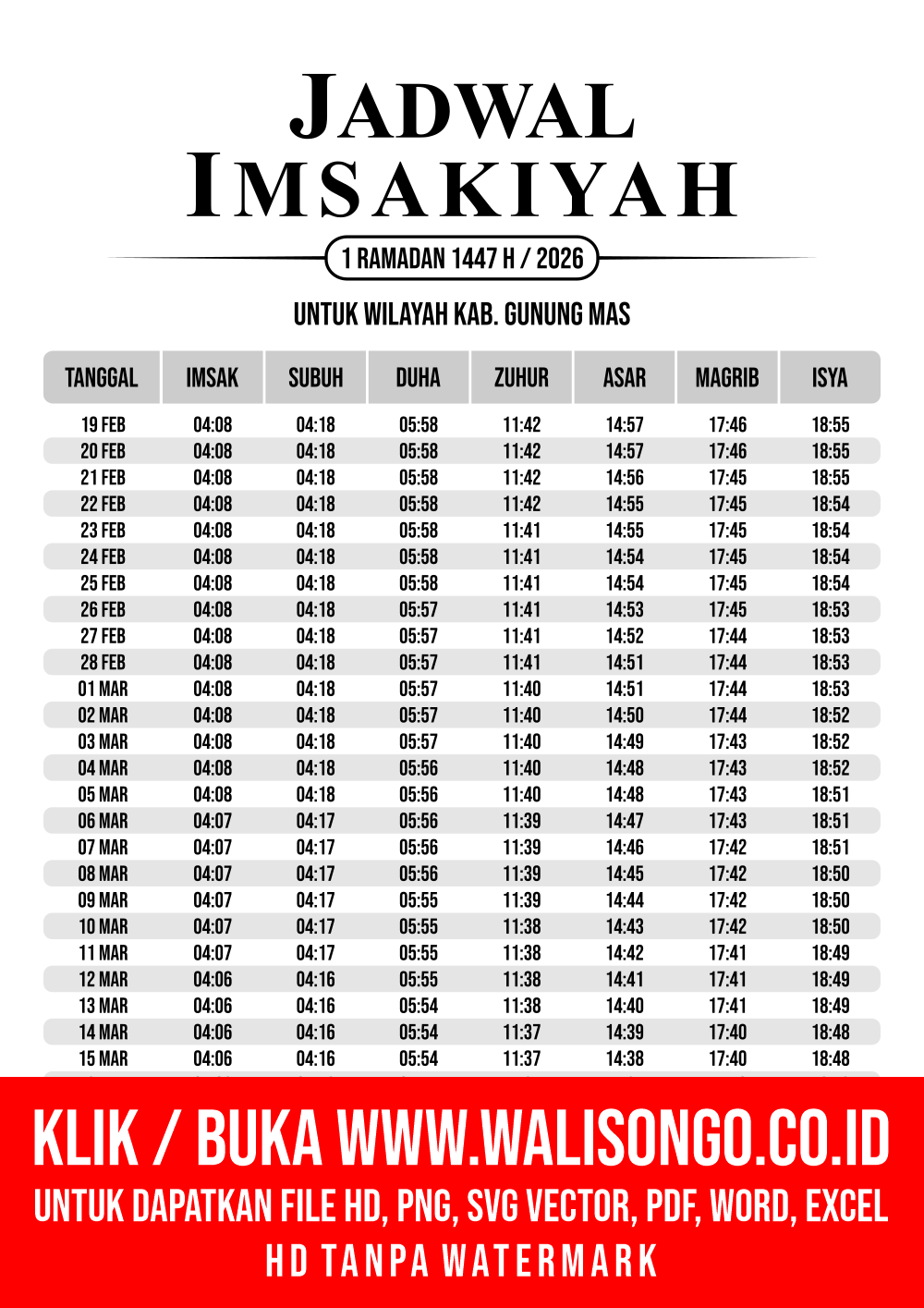 Desain Jadwal imsak Kab. Gunung Mas 2026