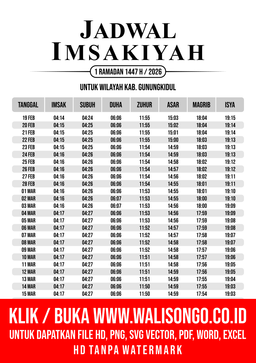 Desain Jadwal imsak Kab. Gunungkidul 2026