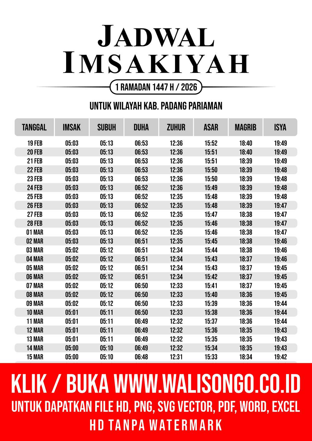 Desain Jadwal imsak Kab. Padang Pariaman 2026