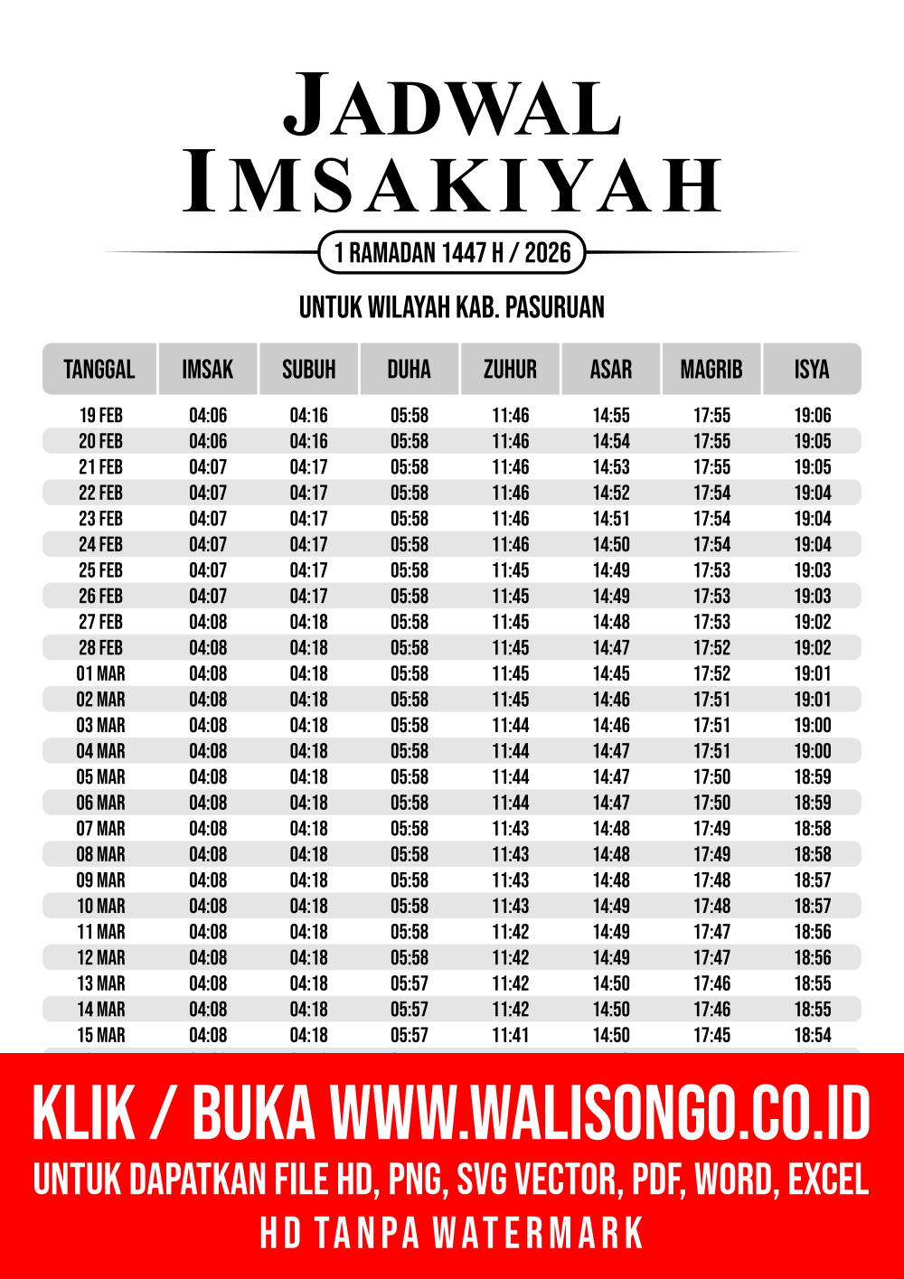 Desain Jadwal imsak Kab. Pasuruan 2026