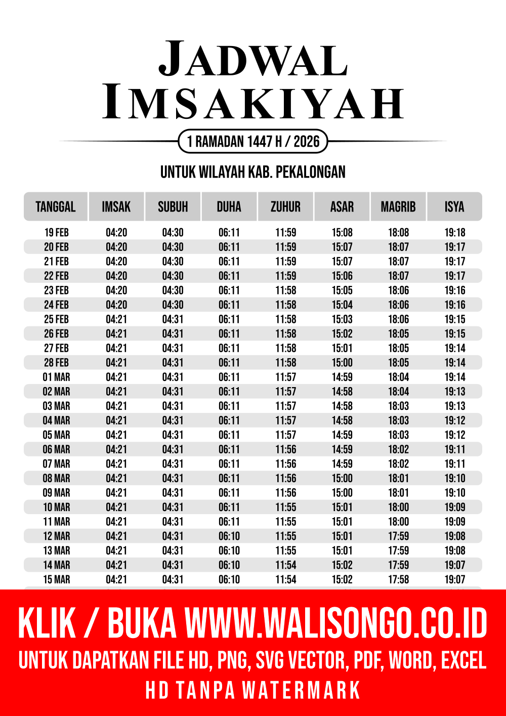 Desain Jadwal imsak Kab. Pekalongan 2026