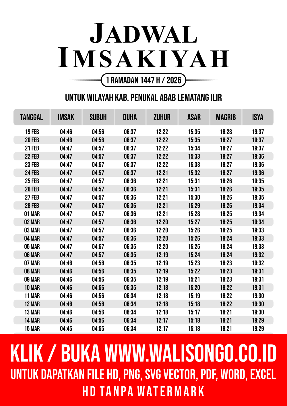 Desain Jadwal imsak Kab. Penukal Abab Lematang Ilir 2026
