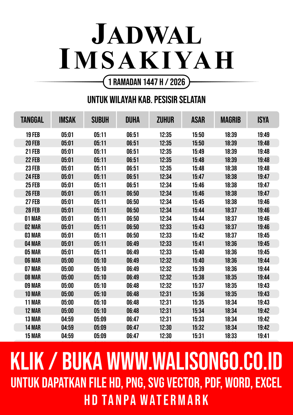Desain Jadwal imsak Kab. Pesisir Selatan 2026