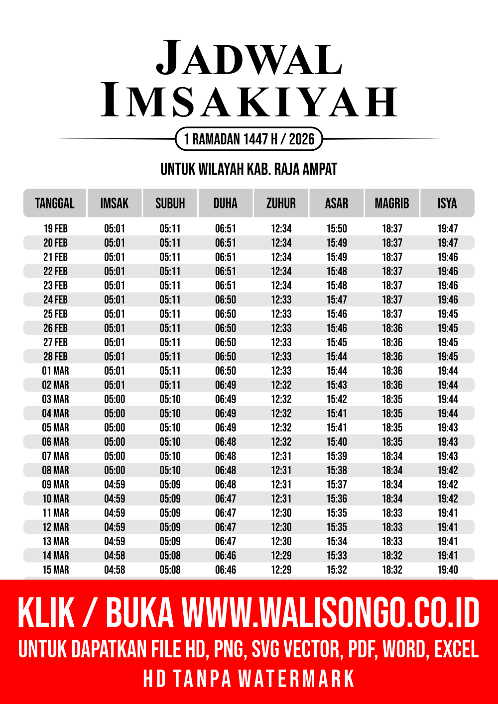 Desain Jadwal imsak Kab. Raja Ampat 2026