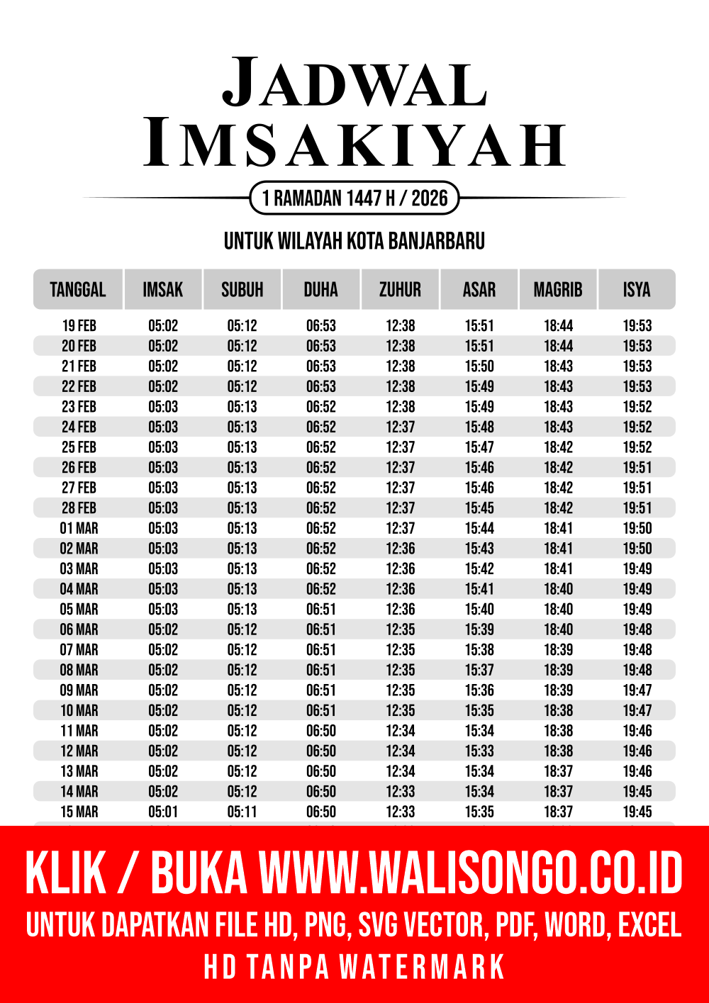 Desain Jadwal imsak Kota Banjarbaru 2026