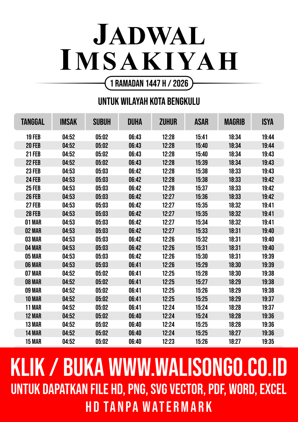 Desain Jadwal imsak Kota Bengkulu 2026