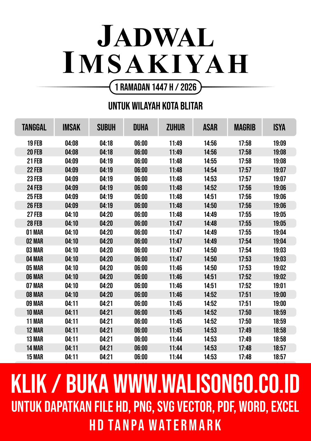 Desain Jadwal imsak Kota Blitar 2026