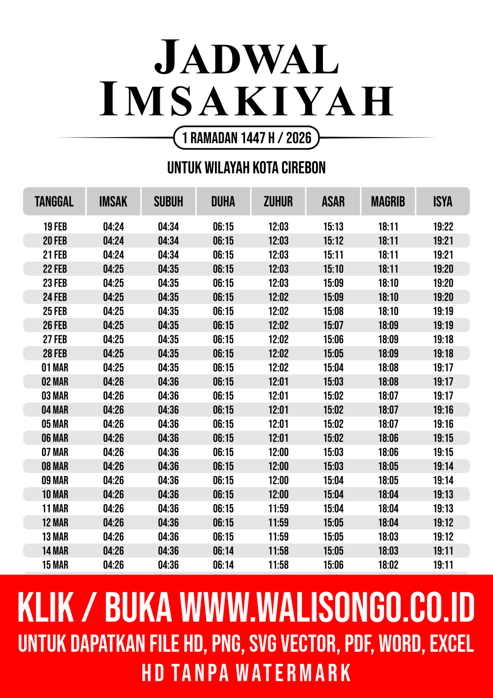 Desain Jadwal imsak Kota Cirebon 2026