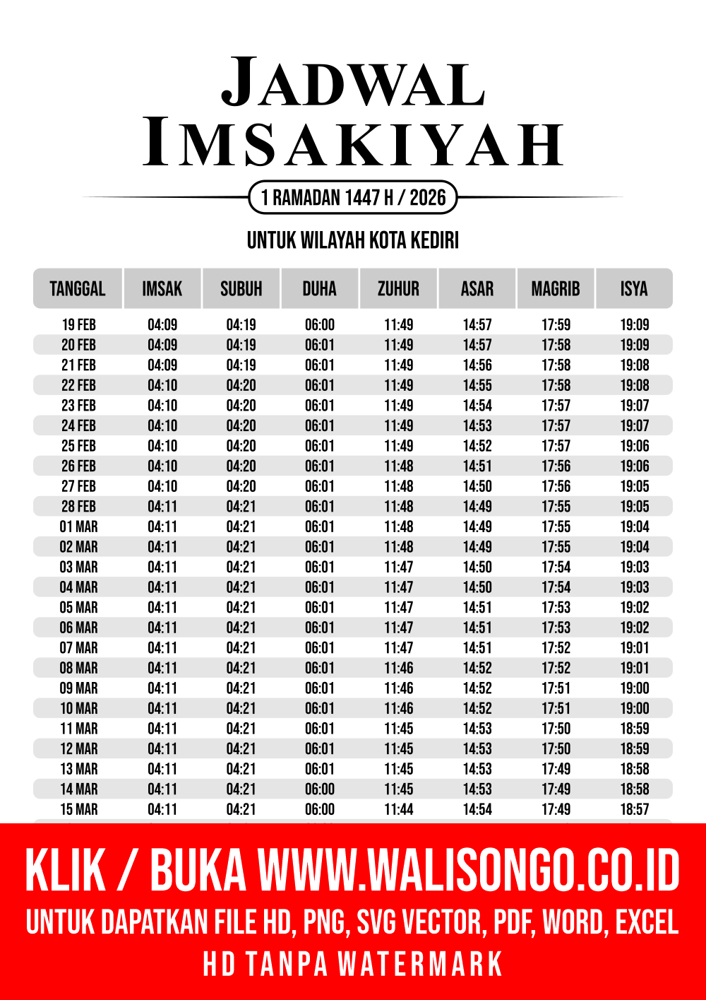 Desain Jadwal imsak Kota Kediri 2026