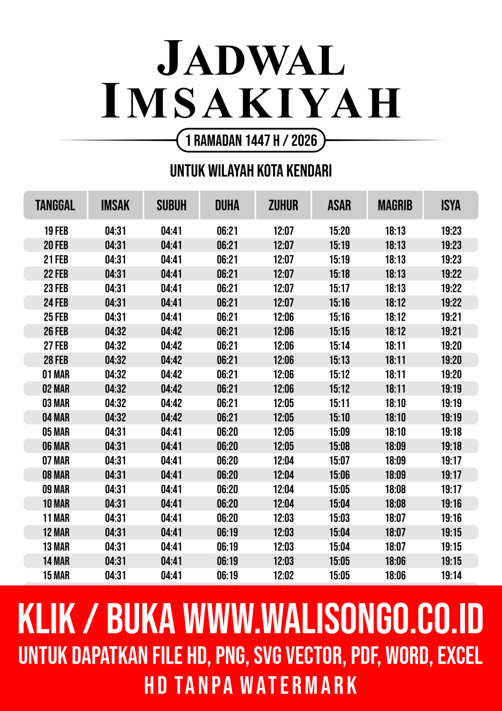 Desain Jadwal imsak Kota Kendari 2026