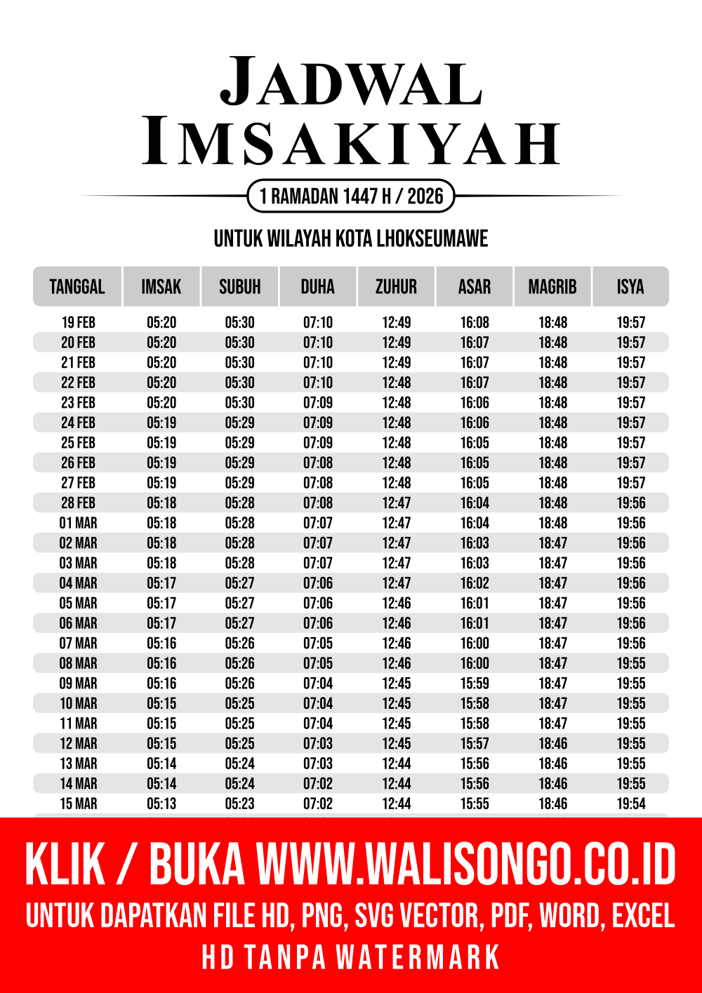 Desain Jadwal imsak Kota Lhokseumawe 2026