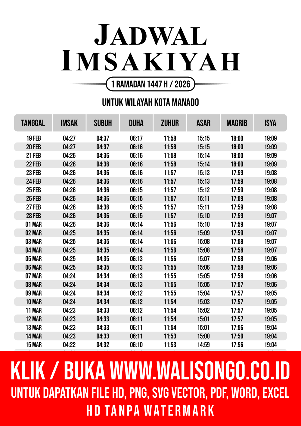 Desain Jadwal imsak Kota Manado 2026