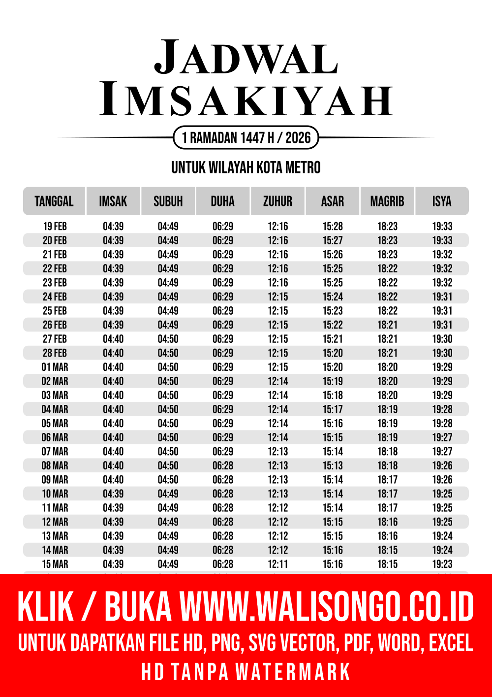 Desain Jadwal imsak Kota Metro 2026