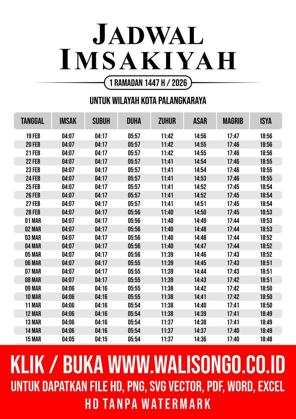Desain Jadwal imsak Kota Palangkaraya 2026