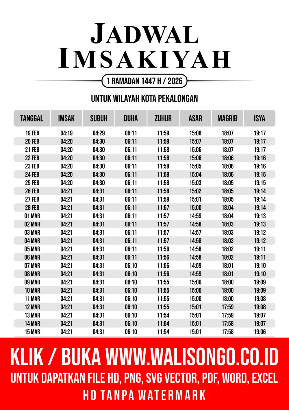 Desain Jadwal imsak Kota Pekalongan 2026