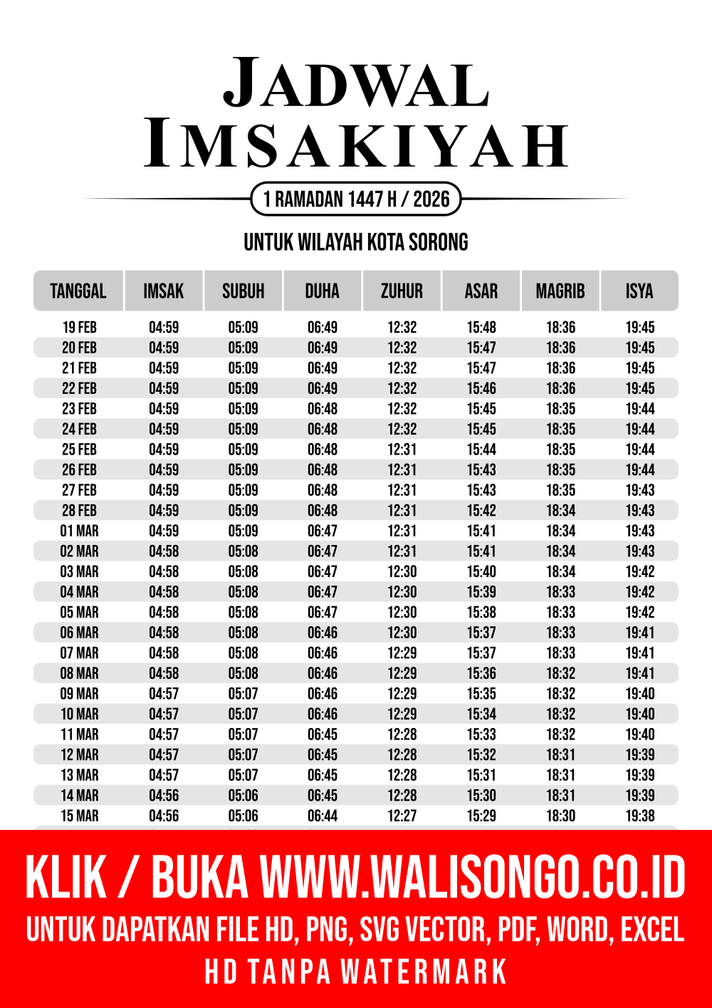 Desain Jadwal imsak Kota Sorong 2026