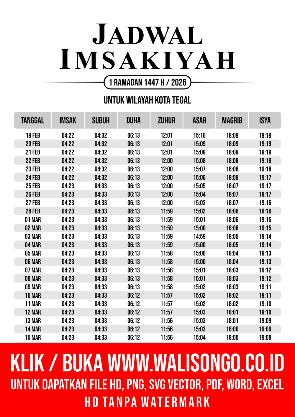 Desain Jadwal imsak Kota Tegal 2026